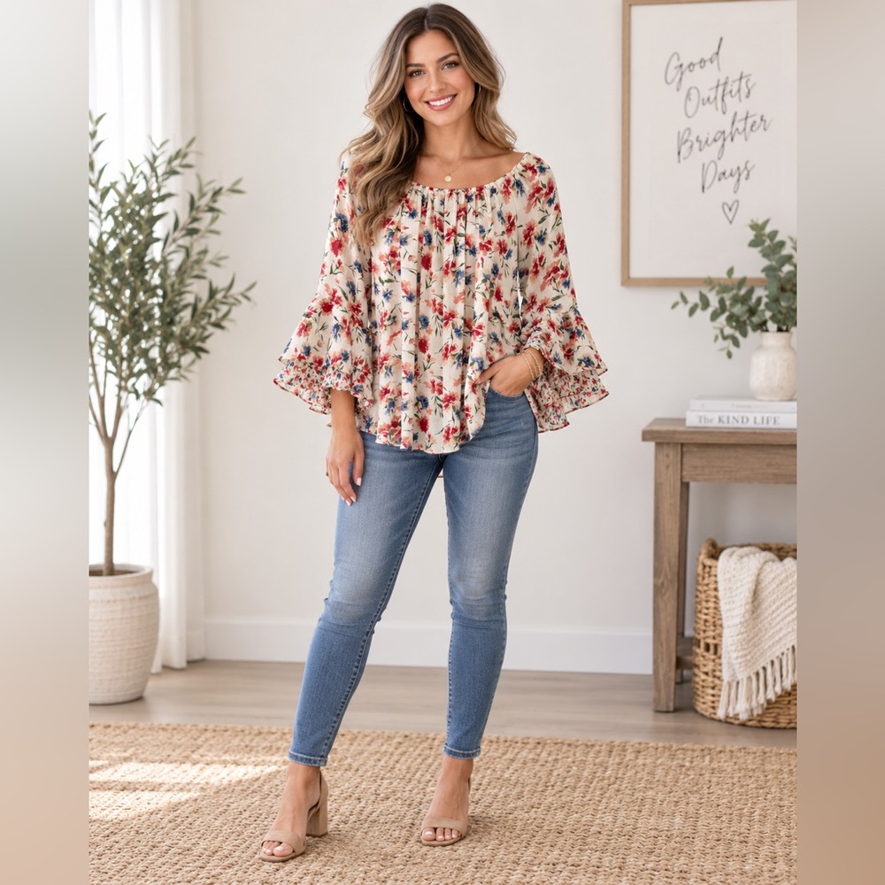 Chaps Cream Floral Off-Shoulder Bell-Sleeve flowy, free-spirited Blouse size M